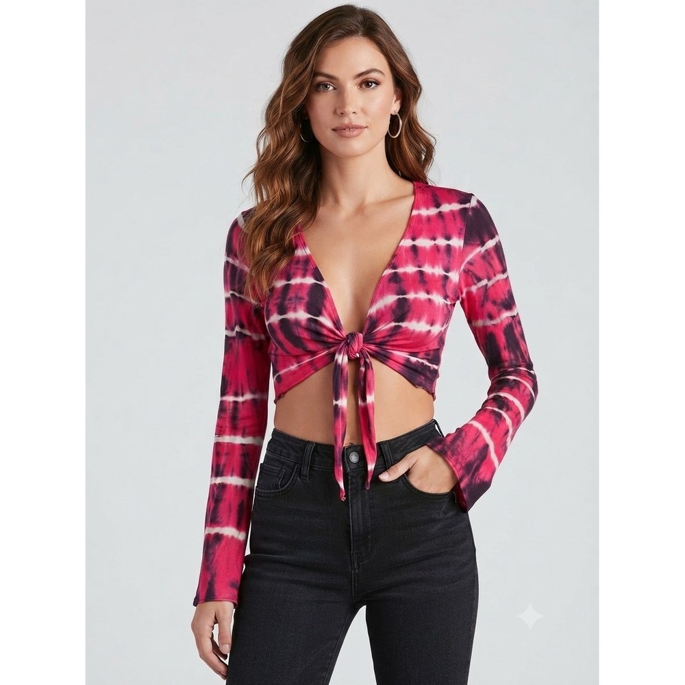 Hard Tail Forever S Pink Black Tie Dye Tie Front Crop Top Y2K Boho Festival NEW